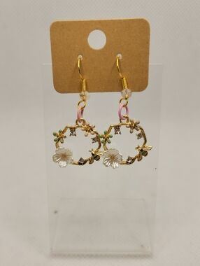 Gold White Floral Hoop Earrings